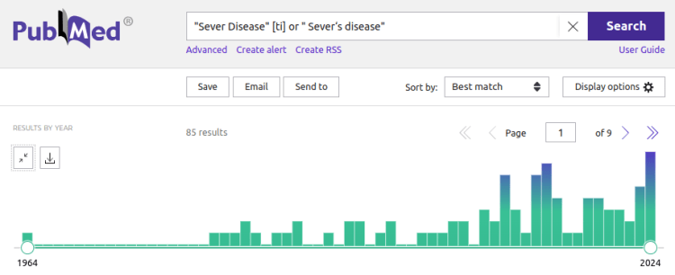 charts showing the number of scientific studies indexed in pubmed on sever's disease, per year